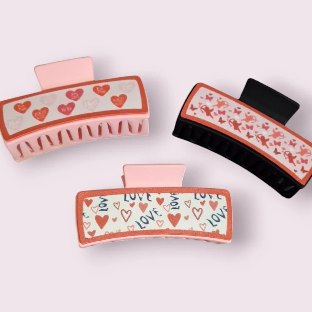 Pink set Hair Clips 💗 hearts large size thick hair love cupid Gift Teen Women